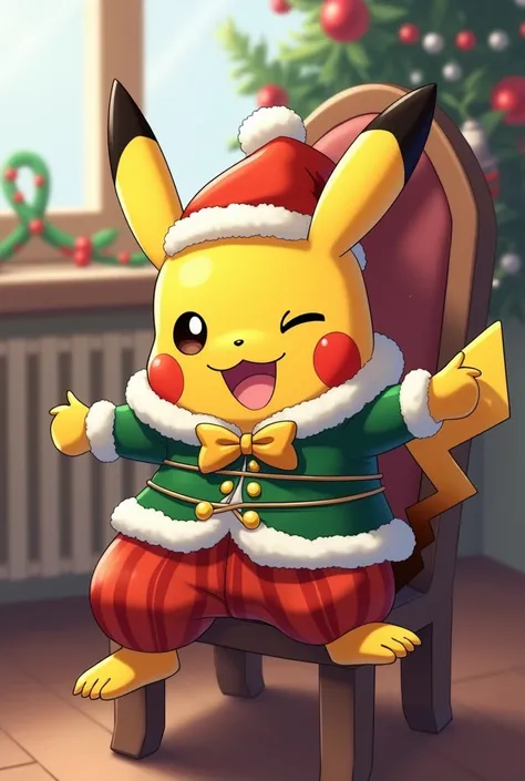 Pikachu wearing a festive Christmas outfit,  detailed, vibrant, anime style, whimsical, charming, winking, red and green striped pants, white fur-trimmed coat, red and green hat with white fur trim and holly berries, gold bow tie, green buttoned vest. He i...