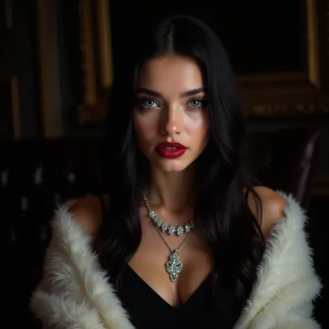 Beautiful 20 year old Russian girl,  full and reddish lips ,  porcelain skin,  long straight jet black hair ,  and a black dress and a white faux fur coat , Diamond Jewelry, A white Russian alpaca fur coat.., intense blue eyes,  seductive, Red lips, Black ...