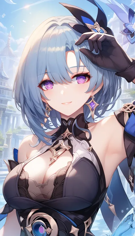 ultra-detailed,(best quality),((masterpiece)),(highres),original,extremely, 1girl, griseo,honkai impact 3rd, upper body, beautiful woman, beautiful body, mature, milf, wife,blue hair, purple eyes, heart, love, sexy pose, in one room, adjusting the hair, sh...