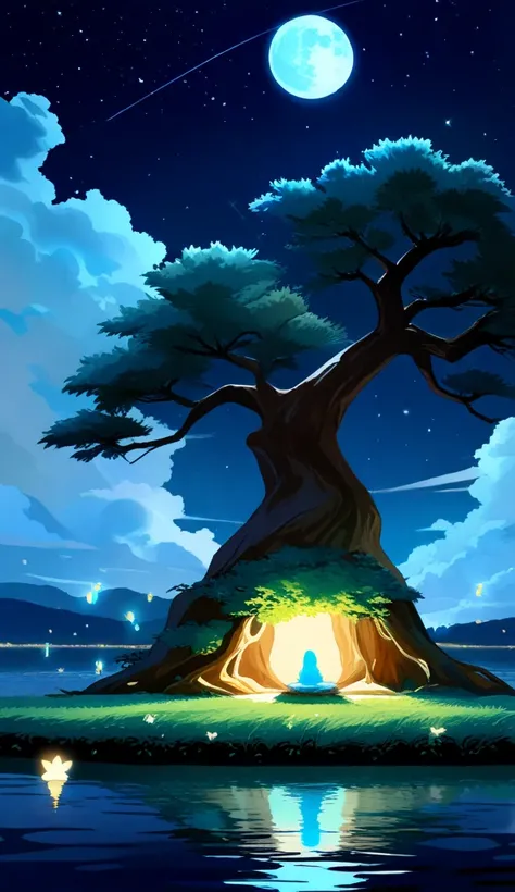 portrays a serene nighttime landscape featuring a large tree beside a tranquil body of water. The moon casts a soft glow over the scene, illuminating the clouds and the surface of the water, which reflects the tree and the moonlight. The lush greenery and ...