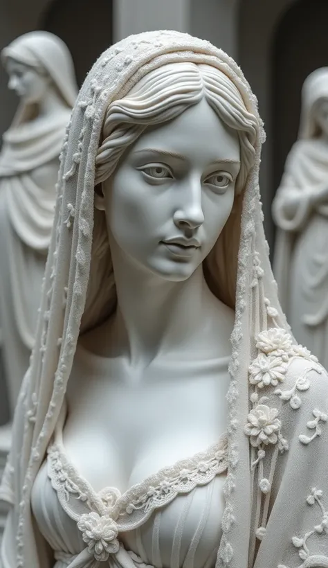 A highly detailed statue of a woman with a serene expression, wearing a beautifully intricate lace veil. The statue has realistic, delicate facial features and finely carved hair with detailed waves. The lace veil drapes elegantly over her head and shoulde...