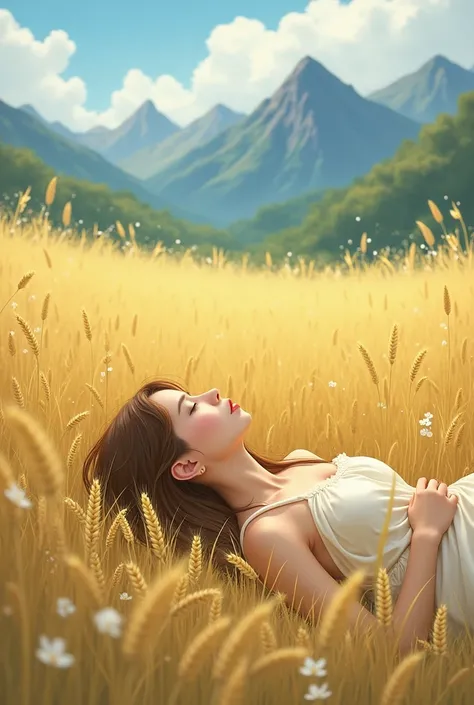 A girl lying in a field of wheat ears. Beautiful field background . Girl dressed in white,  with long brown hair . is on his back. In the background you can see mountains . that his face is not seen.