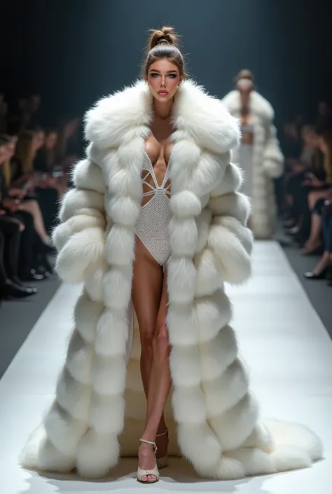 Very wide、Very thick, white mink fur coat, Thickness 100 cm, fluffy, Thick white mink fur collar, 3 floors、(Fur fashion show)、(bikini)、Nordic beauties、High ponytail、Big Breasts 2.1、naked、(Squat down and spread your legs)