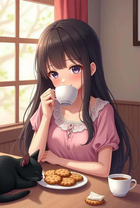 women 
young girl 
schoolgirls 
thin hair 
long hair 
lace clothes 
floral 
pink color 
Drinking a drink in a porcelain cup 
rooms 
The little black cat is sleeping 
round chabudai table 
Im eating cookies
