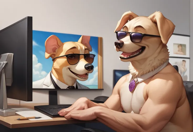  profile picture of a golden retriever sitting in front of the PC while wearing sunglasses, trading, Other than sitting in front of the PC and moving the mouse 、 realistic dog 、john banovich, Doge, photorealistic paintings,  Humorous Oil Painting  ,  by Jo...