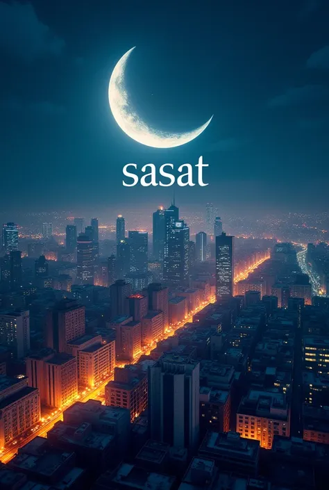 Make a wallpaper that have crescent moon and a city lights also put a text on it SASAT on the wallpaper 