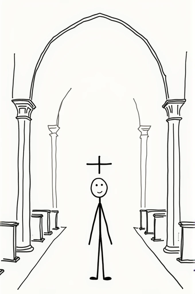 Create a stick man drawing of Jesus in a church 