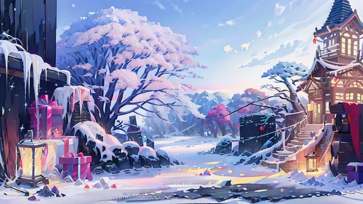 concept christmas, noel night, christmas decoration, outside door, winter night, noel gifts, anime illustration, violet gradient sky, fallung snow. no human, extra high quality, extra detail, 16K, landscape, snow moutain, sown field, masterpiece