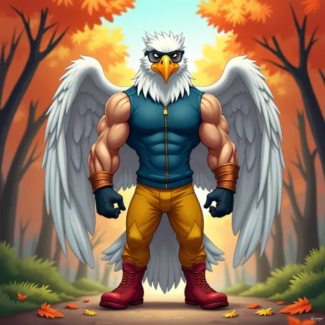 A white muscular winged furry eagle in copper bracelets , kepala dari messi, wearing red boots , in yellow pants ,  in a blue sleeveless zipped sweater , in black gloves,  with glasses in front of his eyes stands against the backdrop of an autumn forest in...