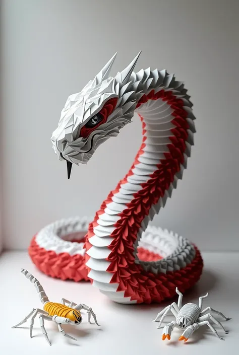 Origami 3d cobra snake in white ,  black and red
White and yellow spider 
White scorpion, orange, 