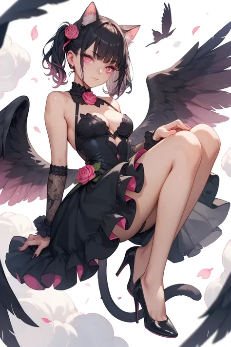 An evil looking nekomata catgirl with pink eyes and a long black fallen angel wings also in a tight black dress with black hair with pink highlight and black heels and cat ears and 1 cat tail