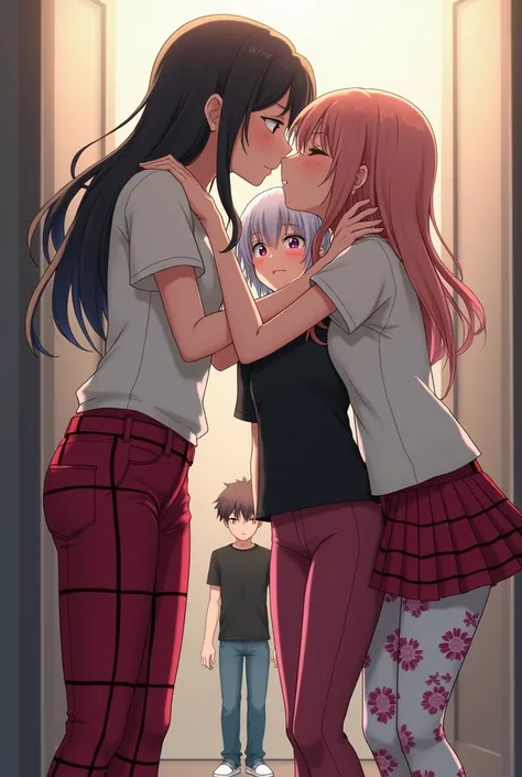 anime girls in red plaid pants and white button up short sleeve shirts kissing a girl in floral leggings and a black t shirt while a boy in jeans and a jacket cries in a corner 