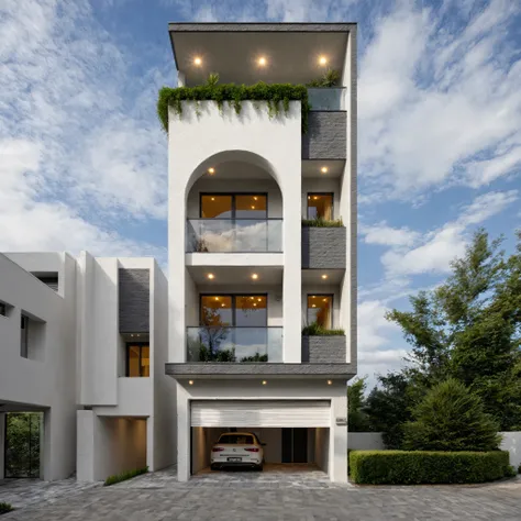 Masterpiece, high quality, best quality, authentic, super detail, outdoors, onestoreyvillaXL, aiaigroup, house style modern on the street ,stairs, white wall ,road,pavement, grass, trees, sky, cloud, (daylight:1.1)