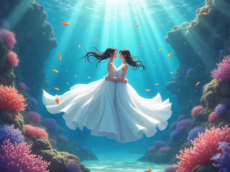 
A man and woman couple wearing white wedding dresses, snorkeling with pink coral and many fish anime 3D