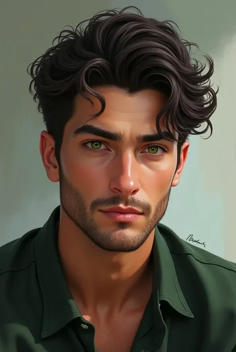  Create an adult boy between 20 and 30 years old ,  with sharp green eyes , dark eyebrows,dark wavy hair  , with marked features but not so much and slightly tanned skin with a dark green shirt without a long beard 