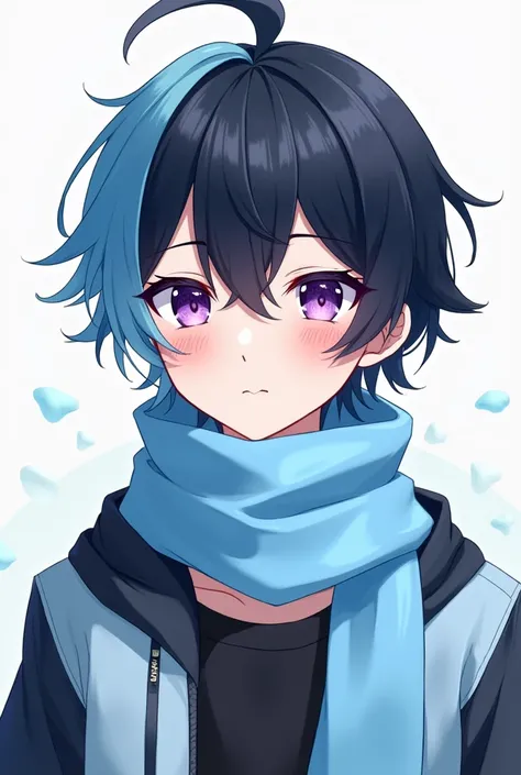 anime boy,  half sky blue and half black hair ,  purple and pink eyes ,  white skin ,  sky blue scarf and light blue and black jacket, blushing