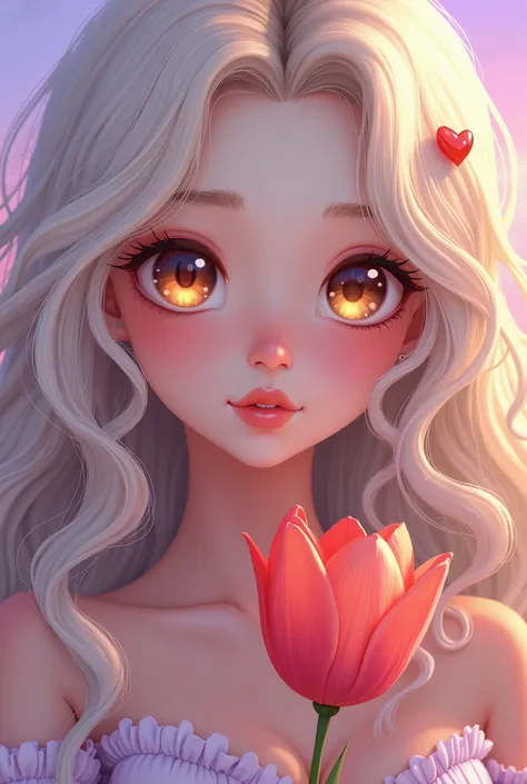 masterpiece，Dazzling colorful light，Ultra Detailed，A girl，big brown eyes，tulip，Extra long curly hair，White-blond hair，A fascinating adventure，Glowing lips，Close-up of face，Exposed shoulders，Dreamy and beautiful，Thick paint of the characters，Fine brushstrok...