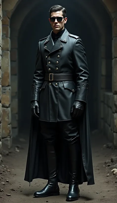  A man in a black leather military uniform, black leather riding boots ,  black leather gloves , sunglasses,  black leather uniform cap ,  humble a young man in a dungeon 