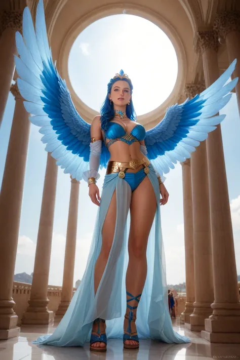 "  reminiscent of wings  , appearing as a goddess of unmatched beauty and Can, At 25, .  falling to the waist ,   Sky blue hair, which glow softly ,  light up in her lungs ,   as if kissed by the eternal sun ,  revealing the gold shorts below  .   sleeves ...