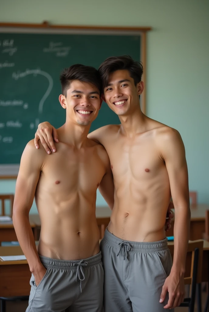 Two 18-year-old Thai male teenagers wearing nothing stand cuddling each other in the classroom