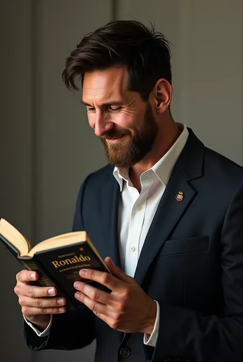 "Lionel Messi smiling ,  wearing an elegant suit ,   and reading a book written above " comment faire comme Ronaldo "
