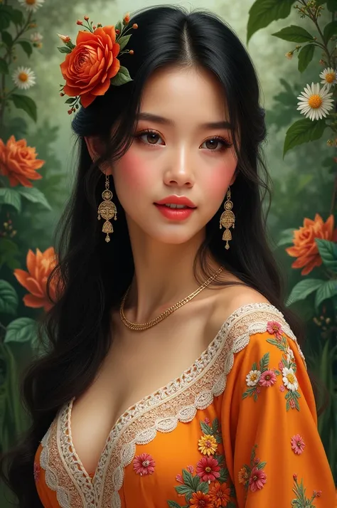 Create a portrait of a filipina woman, wearing filipiniana