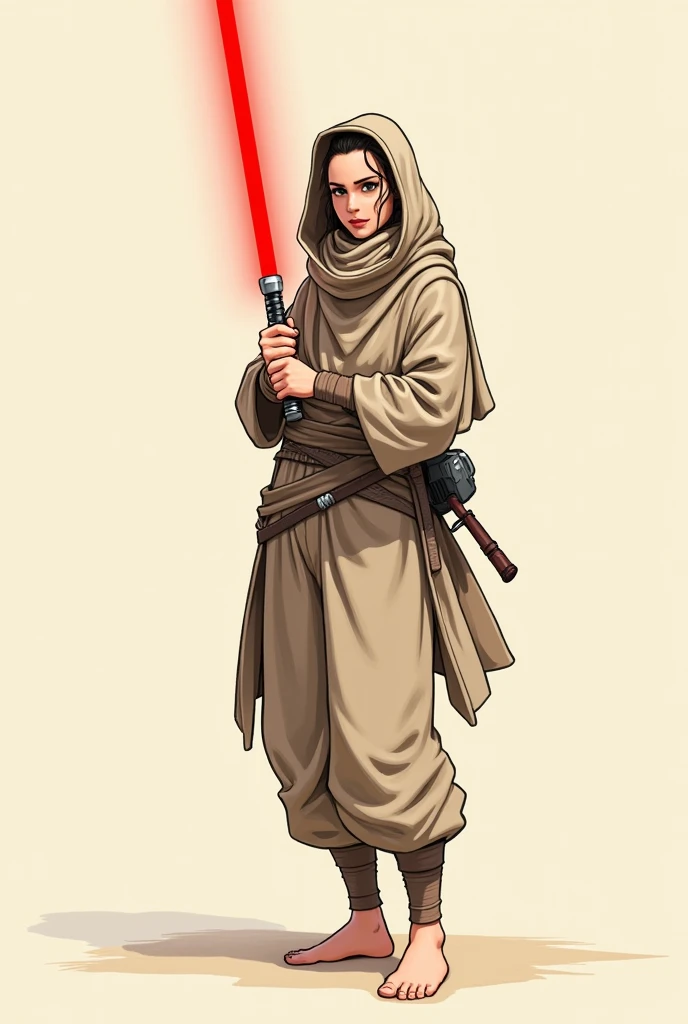 Star Wars, rey Skywalker, Big clevage, oversized clothes, baggy clothes , hood on head, bare feed, sand color clothes, slim straps, straps, thong straps, sand scarf over moth, face mask, red lieghtsaber, 2d art, thick outlines, 2d sketch, sketch style 