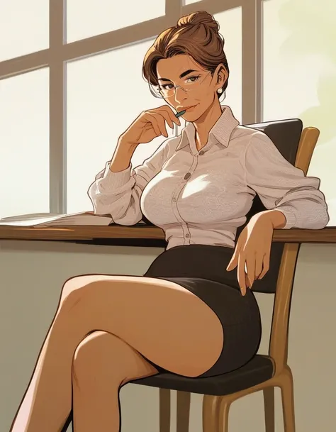 1girl, female, solo,
looking at viewer,
teacher, hair bun, glasses,
blouse, pencil skirt, crossed legs,
sitting, chair, 1960s, vintage, mature female,
BREAK
score_9, score_8_up, score_7_up, score_6_up, score_5_up, score_4_up, source_cartoon, rating_questio...