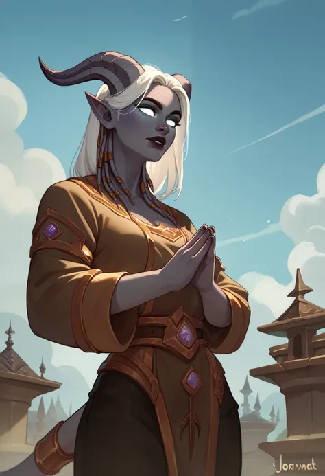 female draenei anchorite from the warcraft universe with dark grey skin, grand black horns, holy white eyes, white hair and dressed in a lightly armoured white, black and gold coloured anchorite robe. standing in a battlefield and praying