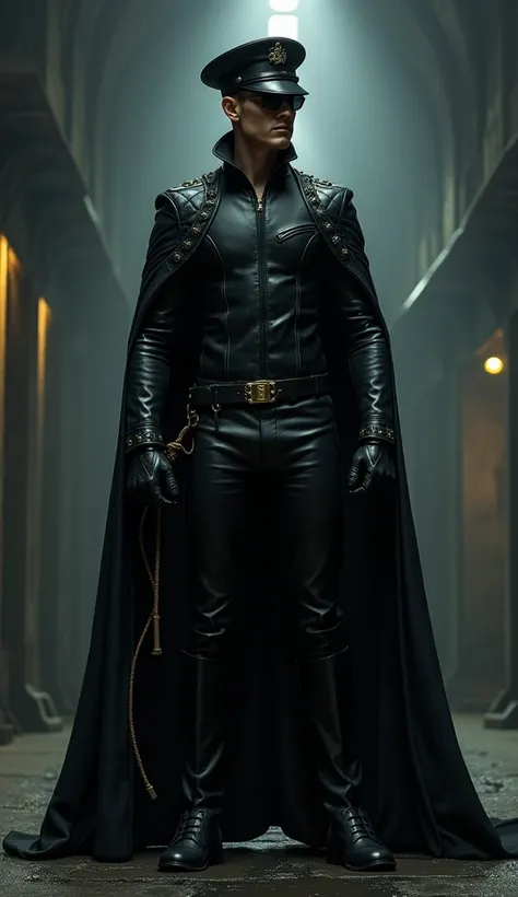  A young man in a black leather uniform with cape, leather uniform cap , leather riding boots , Leather gloves, sunglasses, In the dungeon, leather whip in the left fist 