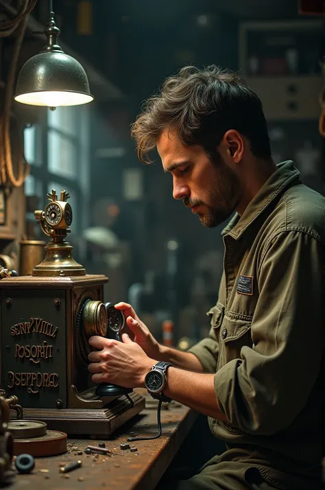 Technician repairing telephone with letters that say SERVICELL POSORJA