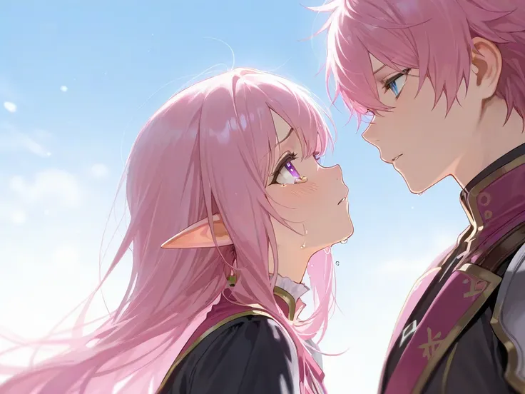 Fantasy, a sexy elf with pink hair looks up with tears
