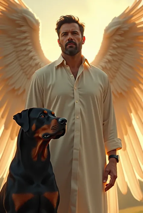 Ben affleck like an ángel with wings sin barba con un perro rottweiller