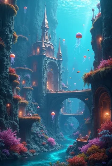 Underwater Fantasy City
A sprawling city submerged underwater, with glowing coral buildings, bioluminescent jellyfish floating around, and schools of colorful fish weaving through the streets.