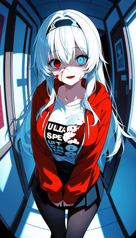 (best quality:1.3), (masterpiece:1.3), (illustration:1.3), (ultra-detailed:1.3), absurdres, 1girl, solo, heterochromia, red_eye, blue_eye, black_headband, white_hair, bangs, red_hoodie, open_hoodie, long_sleeve, graphic_t-shirt, tucked_in_shirt, large_brea...