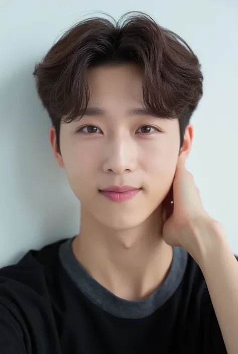  the view of a handsome Korean man from above , brown straight short hair,  Her eyes are turned slightly to the side .  his head is in a double row  ,  his left background is a light white wall  . his eyebrows,  Her lips are a light purple color ,  Her eye...