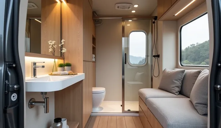 internal view of bathroom aeria of MOBILEVITTA KIA B90 camper van 