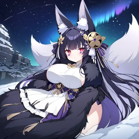 dark night, stars, starry sky, starfall, northen lights,  Stargazing, clear sky. snow, snowfall, ancient ruins, 1girl, fox ears, fox tail, long hair, black hair, hair ornament, curvy, fiery red beautiful eyes,  huge breast, black fur hooded cloak, white im...