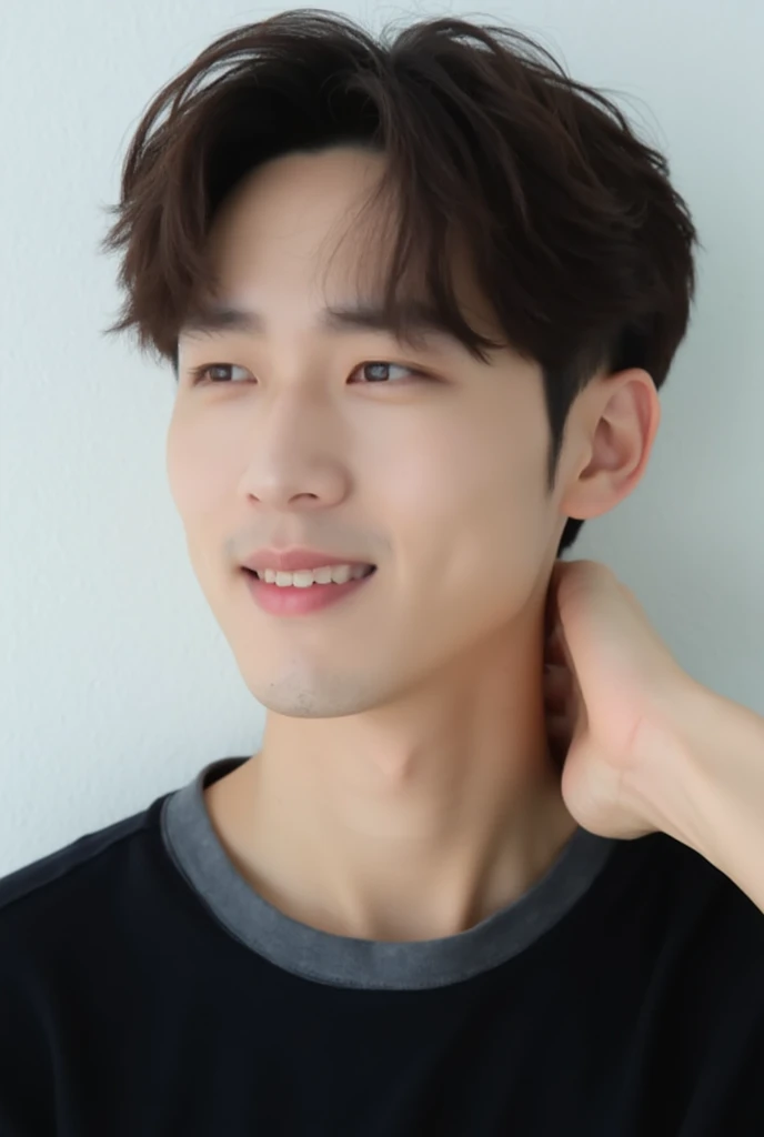  the view of a handsome Korean man from above , brown straight short hair,  Her eyes are turned slightly to the side .  his head is in a double row  ,  his left background is a light white wall  . his eyebrows,  Her lips are a light purple color ,  Her eye...