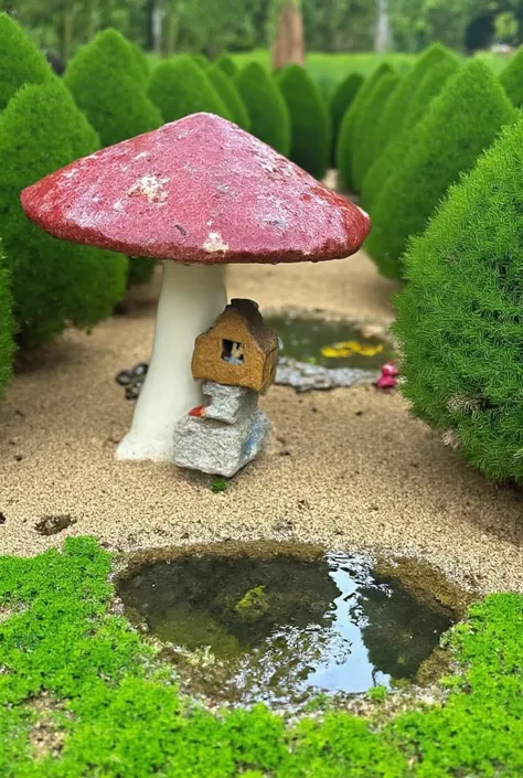 , creating a mysterious and peaceful forest atmosphere {x}, making this miniature world even more visible Dreamy and charming {x} This image shows a miniature full of fantastic colors scenes。 and has a small window and a door ， The umbrella cover of the mu...