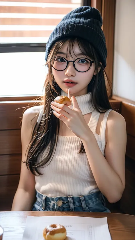 there is a woman that is eating a doughnut in a restaurant, wearing small round glasses, wearing thin large round glasses, cute and adorable white fluffy beanie, red scarf, girl wearing round glasses, thick round spectacles, with square glasses, ulzzang, w...