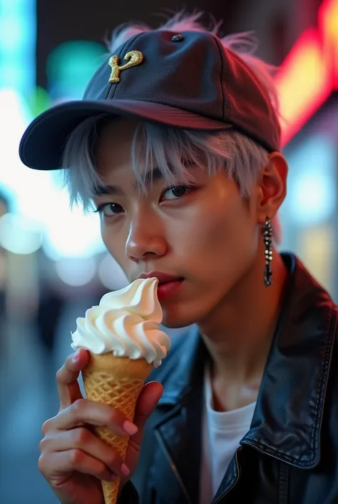 Handsome young man wearing a leather jacket, wearing a cap, with silver hair, holding ice cream, silver messy hair, handsome, (8k, RAW photo, photorealistic:1.25) ,( lipgloss, eyelashes, man, gloss-face, glossy skin, dark skin, dark snik, male, best qualit...