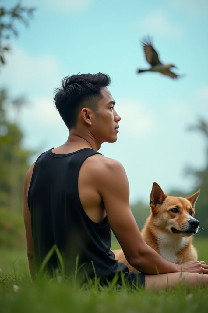 A 28-YEAR-OLD THAI MAN WEARING A BACK-FACING TANK TOP WITH A BIRD FLYING IN THE SKY, A DOG NEXT TO HIM