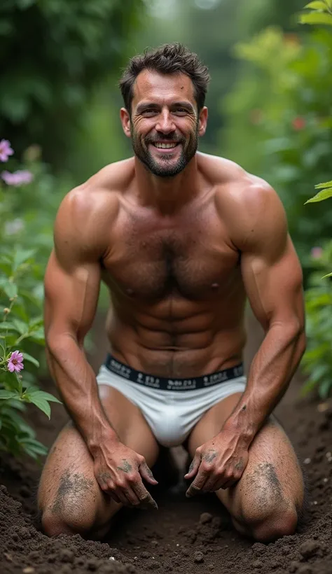 masterpiece, best quality, high resolution, closeup portrait, male focus, solo focus, a man, dirty almost naked gardener, 37 years old, pretty face, smirk, wearing dirty white jockstrap, bulge,  kneeling on the floor, filthy and muddy, sweaty, very hairy l...