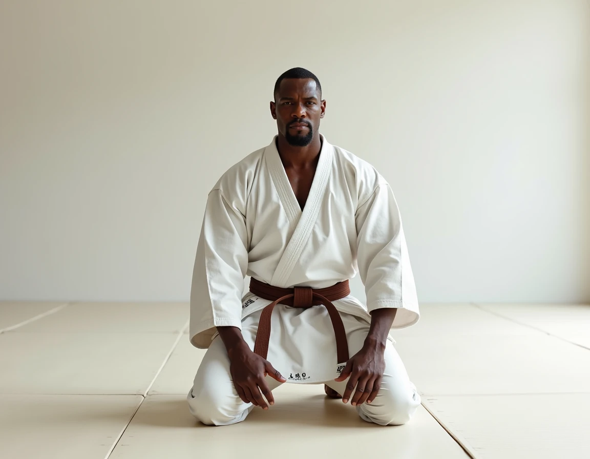  create a picture of a muscular Idris Elba in white judogi with a brown belt, Who kneels on the mat 