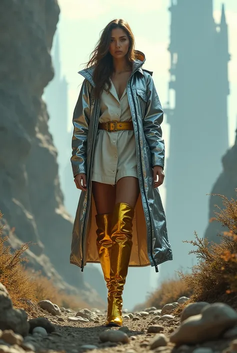 Woman in spaceship in steel raincoat with golden 
high boots full body shot on an alien planet with spaceships 