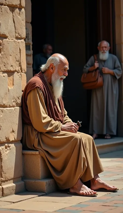 Create an ultra-realistic image of an elderly priest dressed as an ancient Israelite, sitting next to the door of a church in the style of... People can be seen in the background, blur the background; use a Sony Alpha 7 camera with a Sony FE 70-200mm f/2.8...