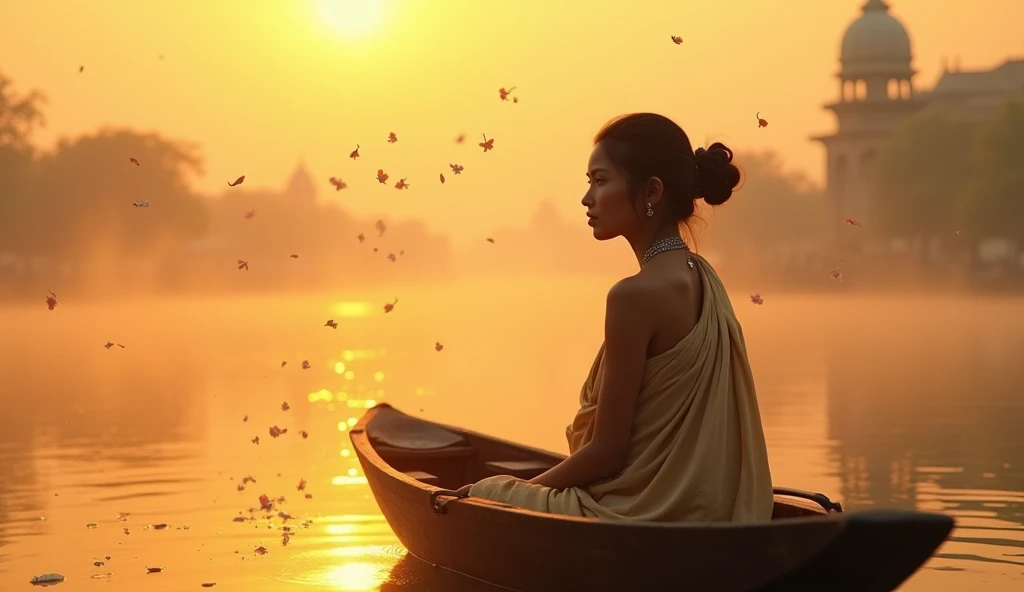 "Close-up of a female ascetic (jogan) sitting in a small wooden boat on the calm Yamuna river. Her serene face glows in the soft golden sunrise, with delicate flower petals floating in the air. A faint mist surrounds the water, and distant temple domes are...