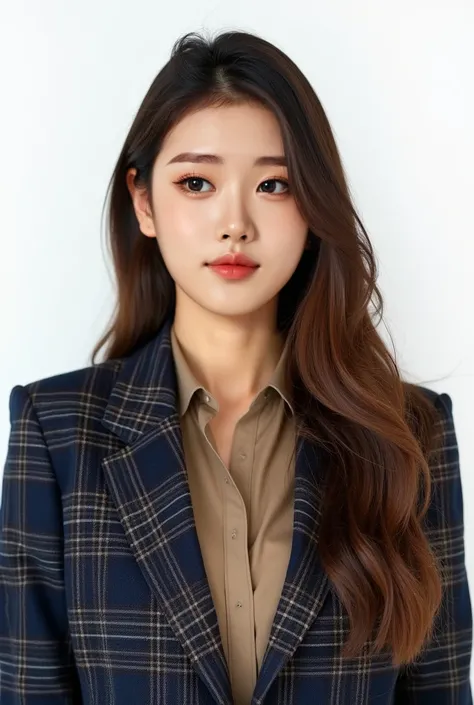 使这个女孩拍一张类似ID photo的照片, so we can see her whole face very well，Eyes looking at the camera，Front view， white background ，plaid blazer ，Dark Blue/Brown，Single-breasted design， Khaki Shirt Underneath ，Formal Professional Style ， white background 一寸ID photo， HD...