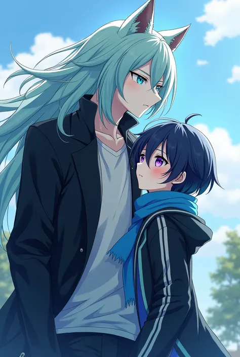 anime boy,  half sky blue and half black hair ,  purple and pink eyes ,  white skin ,  sky blue scarf and light blue and black jacket, blushing.
Next to a man, male wolf anime ,  long light blue hair , mint green eyes,  white skin .  black coat ,  of great...